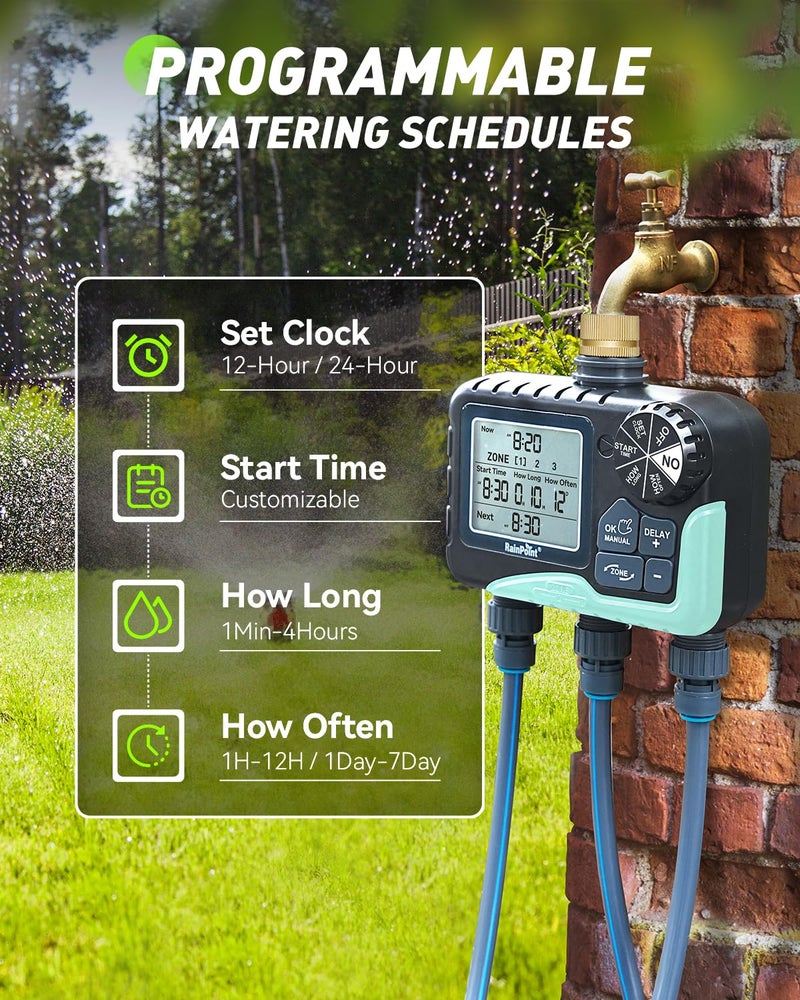 RAINPOINT 3 Zone Sprinkler Timer with Brass Inlet, Water Timer for Garden Hose,Rain Delay/Manual/Automatic Watering System, Hose,Hose Timers for Watering with IP65 Waterproof, Large LCD for Yard - Image 4