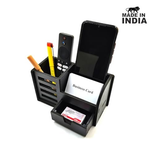 Woodkey Wooden Desk Organizer - Pen Stand with Drawers, Mobile & Card Holder | Multipurpose Office & Study Table Organizer for Pens, Pencils, Stationery & Desk Supplies 3 in 1 (Black) - Image 5