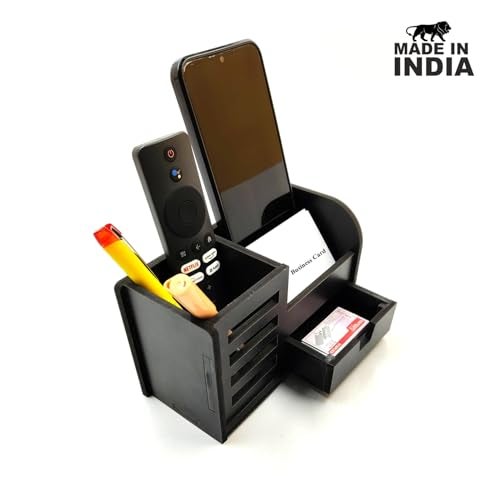 Woodkey Wooden Desk Organizer - Pen Stand with Drawers, Mobile & Card Holder | Multipurpose Office & Study Table Organizer for Pens, Pencils, Stationery & Desk Supplies 3 in 1 (Black) - Image 3