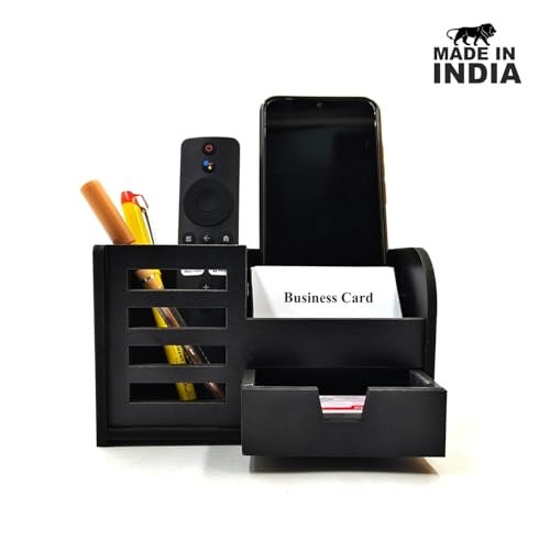 Woodkey Wooden Desk Organizer - Pen Stand with Drawers, Mobile & Card Holder | Multipurpose Office & Study Table Organizer for Pens, Pencils, Stationery & Desk Supplies 3 in 1 (Black) - Image 2