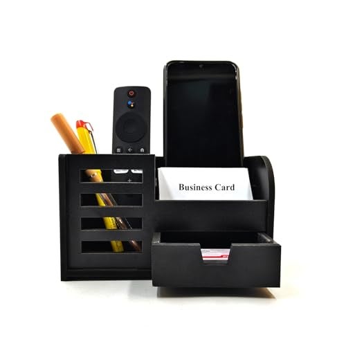 Woodkey Wooden Desk Organizer - Pen Stand with Drawers, Mobile & Card Holder | Multipurpose Office & Study Table Organizer for Pens, Pencils, Stationery & Desk Supplies 3 in 1 (Black) - Image 1