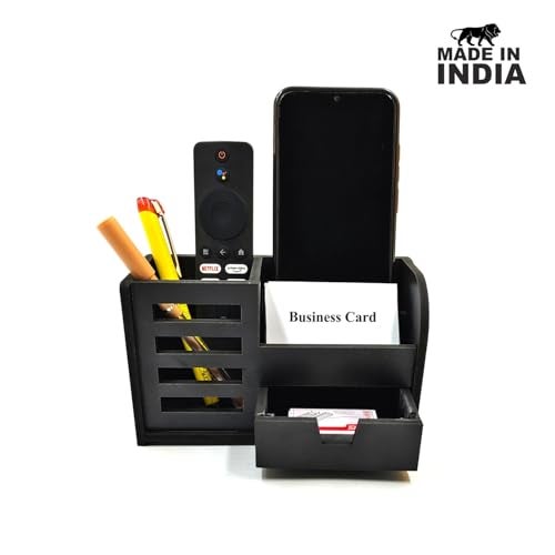 Woodkey Wooden Desk Organizer - Pen Stand with Drawers, Mobile & Card Holder | Multipurpose Office & Study Table Organizer for Pens, Pencils, Stationery & Desk Supplies 3 in 1 (Black) - Image 4
