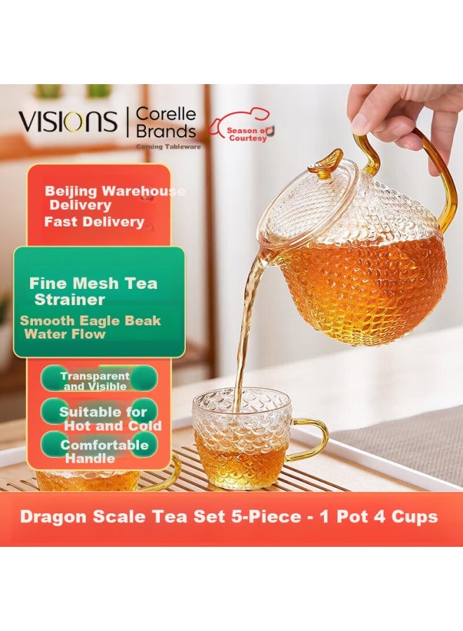 Visions Dragon Scale Glass Tea Set 5-piece Home Use Heat-resistant Flower Tea Pot Set 1 Pot 4 Cups - Image 1