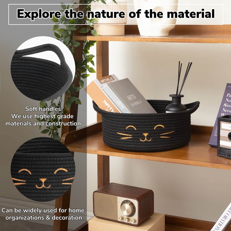 HiChen Small Storage Basket, Black Cute Pet Toy Storage for Cats, Dogs, Decorative Rope Bin for Organizing, Empty Gift Basket for Baby, Black, 9.8 x 4 inches - Image 3