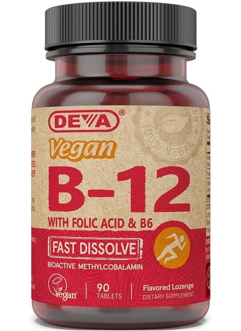 Deva Vegan Vitamin B12 Fast Dissolve Supplement - Once-Per-Day Complex with 1000 Mcg Methylcobalamin B12, Folic Acid, B6 - Lemon Flavor - 90 Dissolvable Tablets, 1-Pack