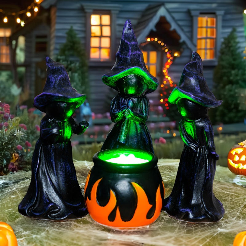 NEROSUN 4 PCS Halloween Miniature Witches Cauldron Figurine Table Decoration Resin Scary Witches Lighted up Cauldron Halloween Festival Supplies Indoor Outdoor Shelf Fireplace Home Decor