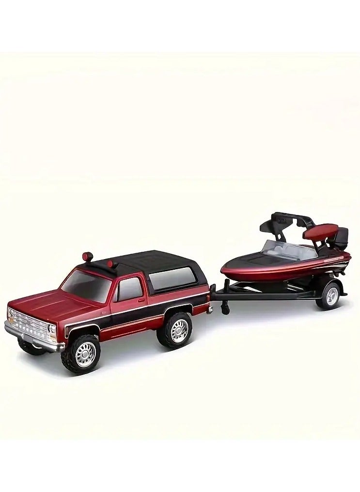 مايستو سياره لعبة نموذج لسيارة شفرولية بليزر موديل 1979 معدنية لون احمر و اسود مع مقطورة سحب لقارب تزلج لون احمر محاكاة الحقيقة مقاس 1/64 سيارة كلاسيكية جميلة المظهر مفيده للعب او الاقتناء او زينة الغرفة او المكتب او وضعها ديكور على رفوف خزانة عرض التحف او على رف في بيت الشعر او يستخدمها بعض المحترفين في التصوير للأعلانات او الخلفيات او اضافتها داخل مجسمات المنازل القديمة او الشعبيه لنوع من اضافة الديكور علي تراث الذكريات القديمه - Image 1