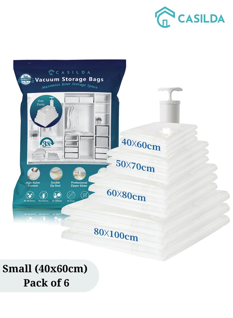 Casilda Space Saver Vacuum Storage Bags with Hand Pump, Vacuum bag Reusable for 80% more Space for Packing Clothes, Blankets, Pillows, Bedding and Travel 40x60 cm – Set of 6 (Small) - Image 1