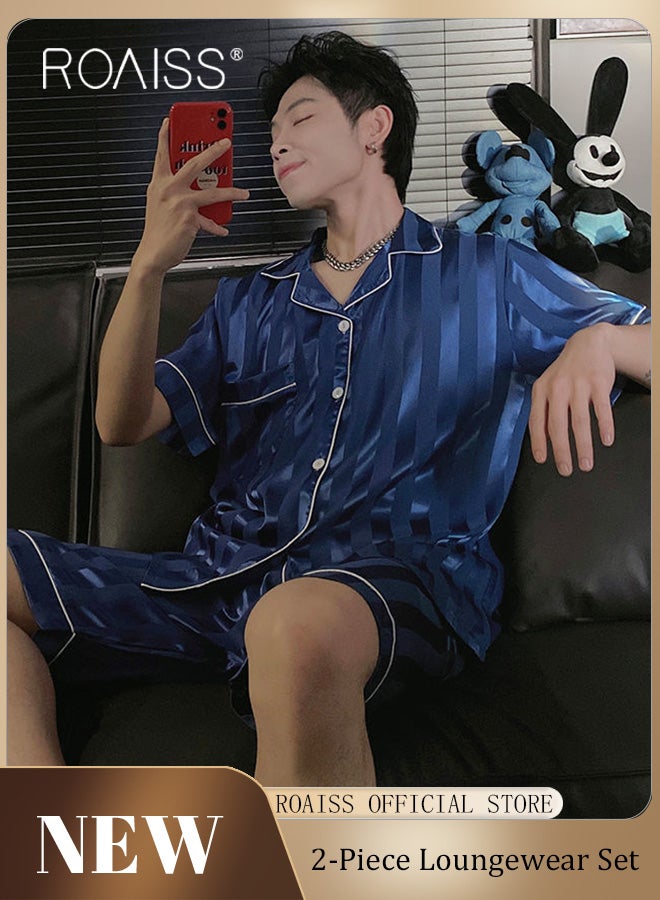 roaiss Men 2 Piece Loungewear Set Short Sleeves & Shorts Ice Silk Pajamas Comfortable Skin Friendly Fabric Ideal for Home & Outdoor Wear  - Image 2