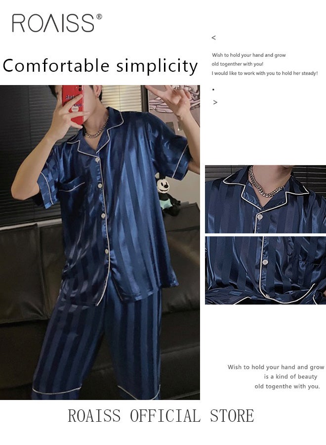 roaiss Men 2 Piece Loungewear Set Short Sleeves & Shorts Ice Silk Pajamas Comfortable Skin Friendly Fabric Ideal for Home & Outdoor Wear  - Image 1