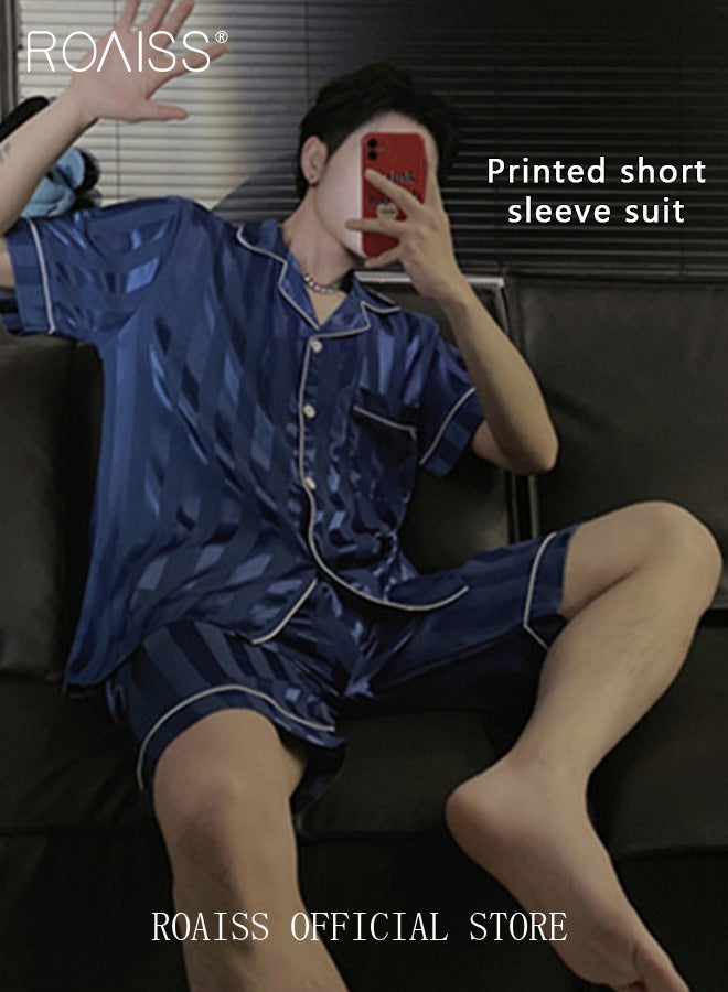 roaiss Men 2 Piece Loungewear Set Short Sleeves & Shorts Ice Silk Pajamas Comfortable Skin Friendly Fabric Ideal for Home & Outdoor Wear  - Image 3