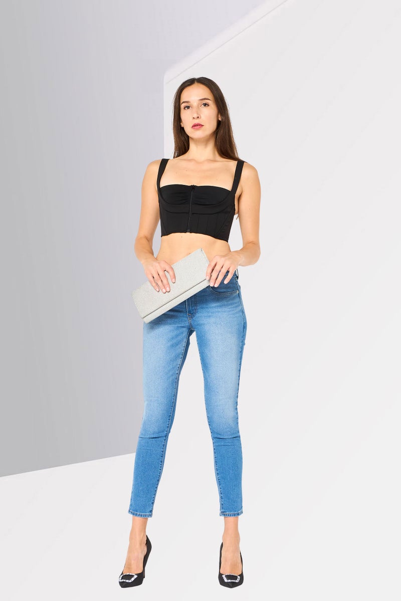 PINKO Women Square Neck Sleeveless Plain Crop Top, Black - Image 2