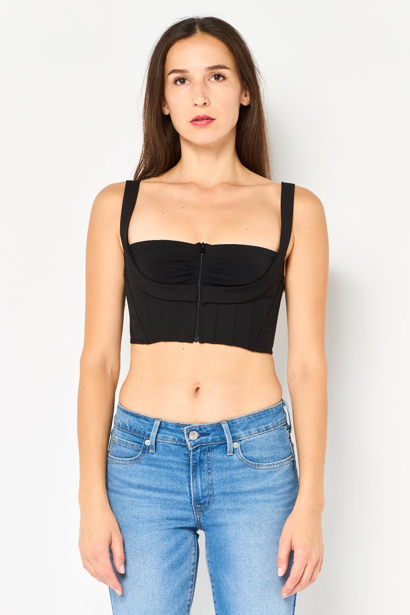 PINKO Women Square Neck Sleeveless Plain Crop Top, Black - Image 1
