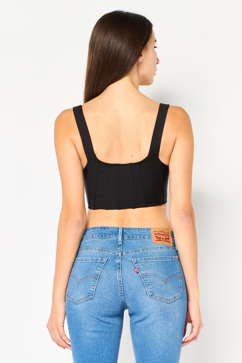 PINKO Women Square Neck Sleeveless Plain Crop Top, Black - Image 3