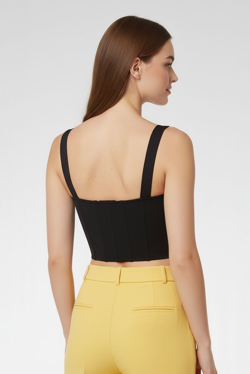 PINKO Women Square Neck Sleeveless Plain Crop Top, Black - Image 4