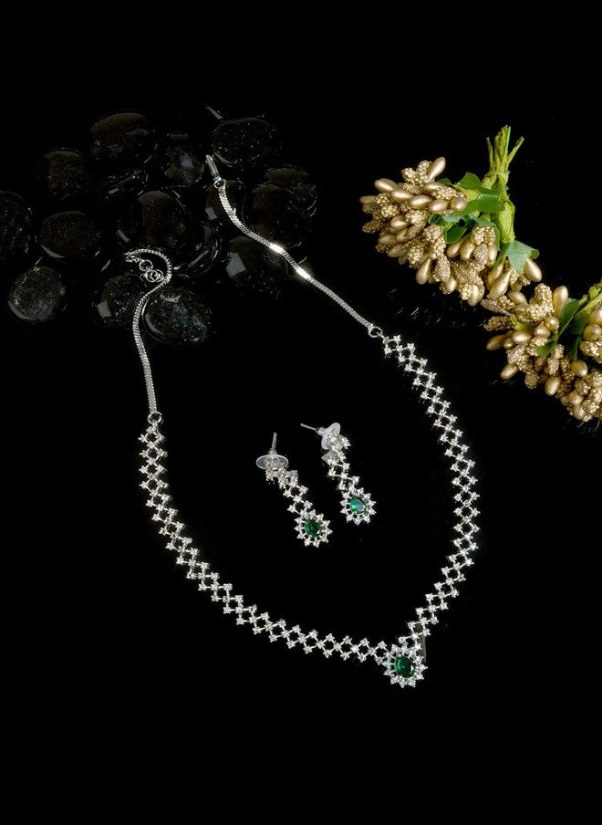 StileAdda Rhodium-Plated American Diamond Studded Jewellery Set with Necklace and Earrings - Image 1