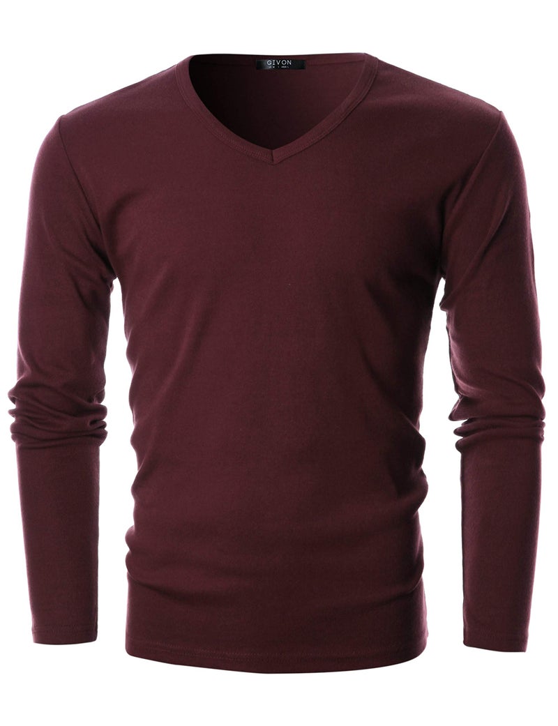 GIVON Men’s Slim Fit V-Neck Long Sleeve T-Shirt – 100% Cotton Ribbed Knit – Midweight Base Layer or Standalone Top / DCP053-BURGUNDY-M - Image 2