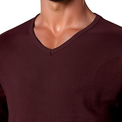 GIVON Men’s Slim Fit V-Neck Long Sleeve T-Shirt – 100% Cotton Ribbed Knit – Midweight Base Layer or Standalone Top / DCP053-BURGUNDY-M - Image 4