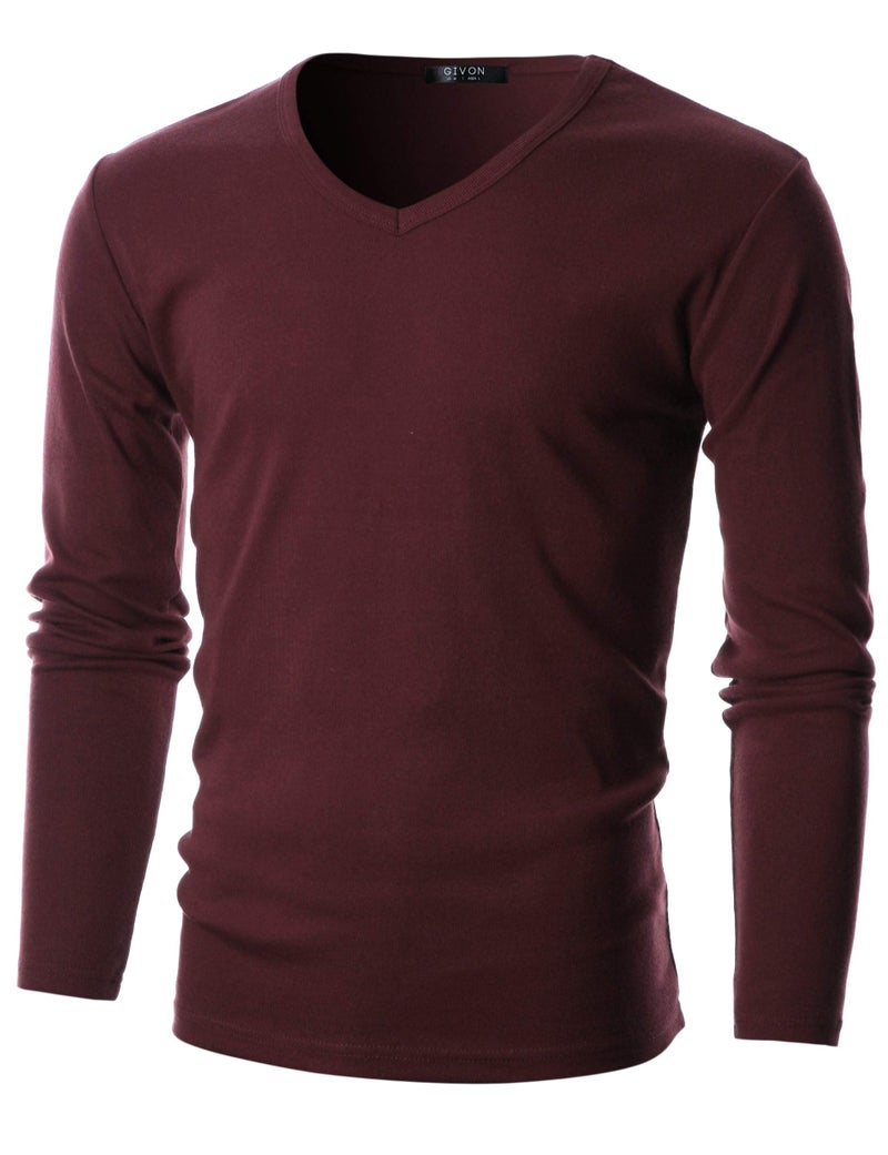 GIVON Men’s Slim Fit V-Neck Long Sleeve T-Shirt – 100% Cotton Ribbed Knit – Midweight Base Layer or Standalone Top / DCP053-BURGUNDY-M - Image 1
