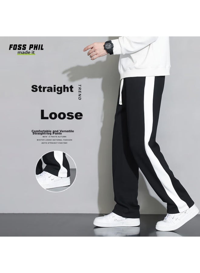 Foss Phil Men's Pants, Spring And Summer, Loose-fitting Striped Casual Trousers, Draping Wide-leg Straight Pants, Men's Clothing, 323 Black, Size L - Image 1