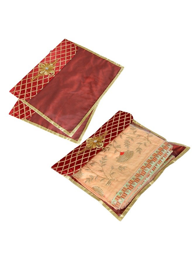 Kuber Industries Saree Cover | Clothes Storage Bag | Single Packing Saree with Velcro | Wardrobe Organizer | Cloth Stoarge Organizer | Check Jama Brooch-Design | Pack of 3 | Maroon - Image 1