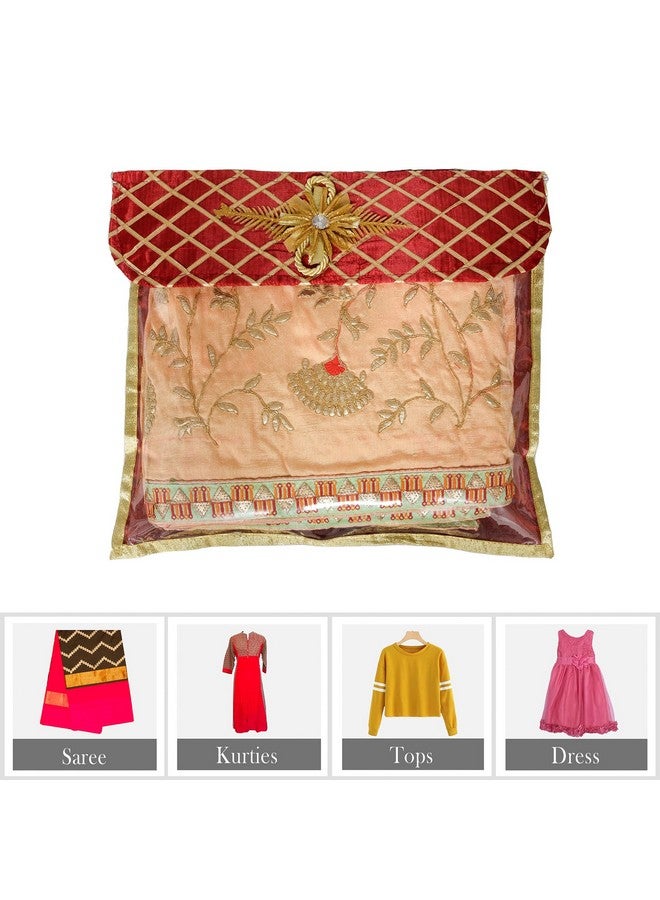 Kuber Industries Saree Cover | Clothes Storage Bag | Single Packing Saree with Velcro | Wardrobe Organizer | Cloth Stoarge Organizer | Check Jama Brooch-Design | Pack of 3 | Maroon - Image 4