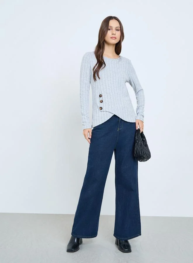 Take Two Grey Ribbed Button Side Detail Top