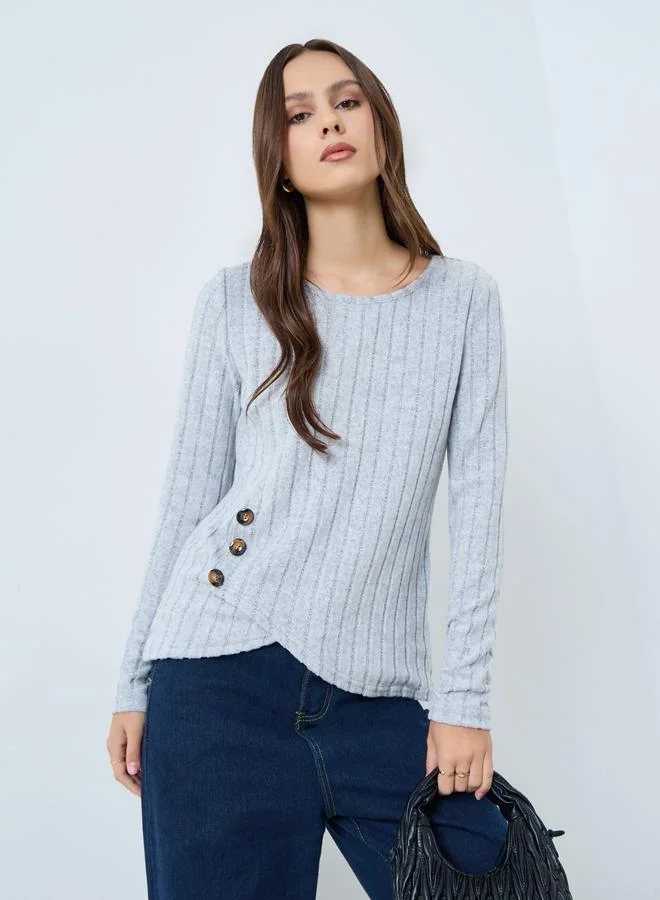 Take Two Grey Ribbed Button Side Detail Top