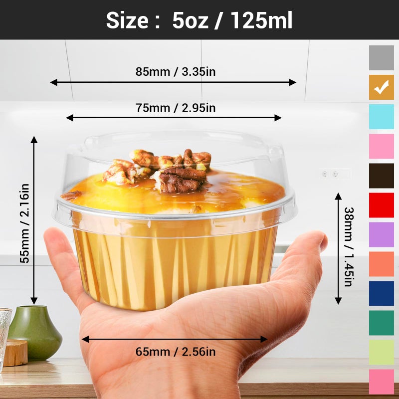 EUSOAR Disposable Ramekins, Gold 50pcs 5oz Mini Aluminium Foil Baking Cups with Lids Creme Brulee Cupcake Liners, Desert Cheesecake Pans Flan Molds Tin Cups Containers for Party Favor Birthday - Image 2