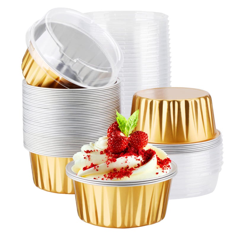 EUSOAR Disposable Ramekins, Gold 50pcs 5oz Mini Aluminium Foil Baking Cups with Lids Creme Brulee Cupcake Liners, Desert Cheesecake Pans Flan Molds Tin Cups Containers for Party Favor Birthday - Image 1