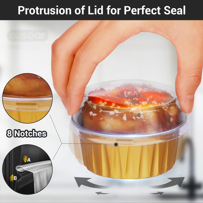 EUSOAR Disposable Ramekins, Gold 50pcs 5oz Mini Aluminium Foil Baking Cups with Lids Creme Brulee Cupcake Liners, Desert Cheesecake Pans Flan Molds Tin Cups Containers for Party Favor Birthday - Image 4