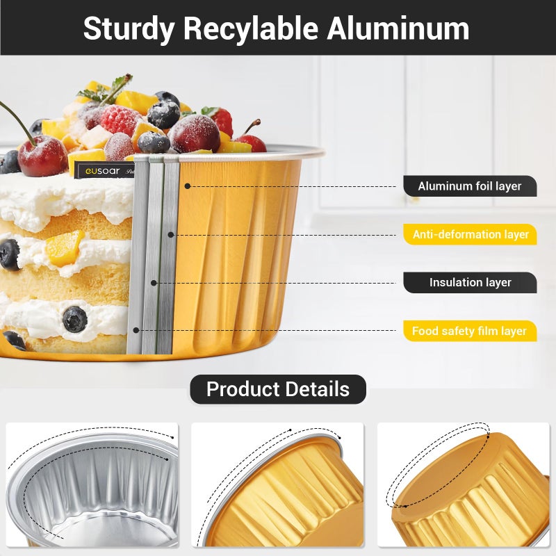 EUSOAR Disposable Ramekins, Gold 50pcs 5oz Mini Aluminium Foil Baking Cups with Lids Creme Brulee Cupcake Liners, Desert Cheesecake Pans Flan Molds Tin Cups Containers for Party Favor Birthday - Image 3