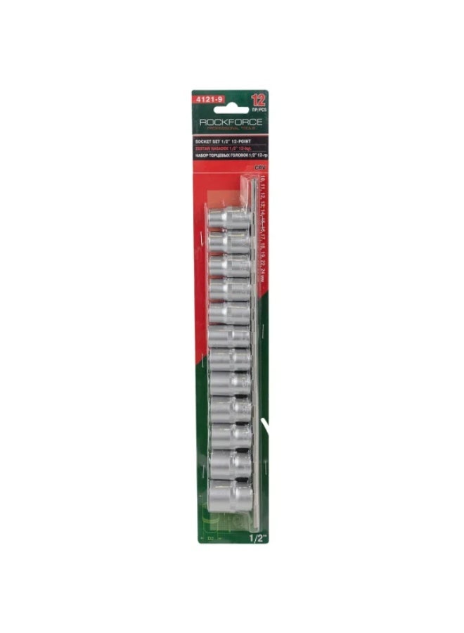 ROCKFORCE Socket set 12 point, 1/2" 12pcs (10-19,22,24mm), on bar - Image 1