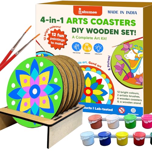 shumee Craft DIY Coaster Painting Art Kit | Mandala Madhubani Gond Pichwai Designs | 6 Double Sided Wooden Coasters 12 Paints 2 Brushes | Art Craft Kit for Kids (6-12 Adults) |Perfect Indian Art Kit - Image 1