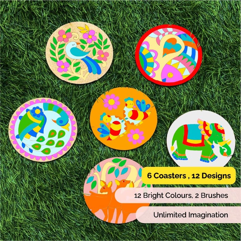 shumee Craft DIY Coaster Painting Art Kit | Mandala Madhubani Gond Pichwai Designs | 6 Double Sided Wooden Coasters 12 Paints 2 Brushes | Art Craft Kit for Kids (6-12 Adults) |Perfect Indian Art Kit - Image 3