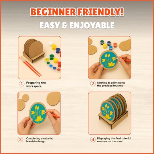 shumee Craft DIY Coaster Painting Art Kit | Mandala Madhubani Gond Pichwai Designs | 6 Double Sided Wooden Coasters 12 Paints 2 Brushes | Art Craft Kit for Kids (6-12 Adults) |Perfect Indian Art Kit - Image 5