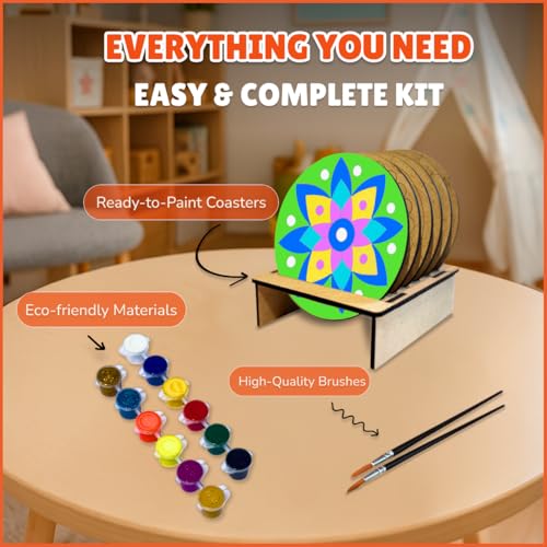 shumee Craft DIY Coaster Painting Art Kit | Mandala Madhubani Gond Pichwai Designs | 6 Double Sided Wooden Coasters 12 Paints 2 Brushes | Art Craft Kit for Kids (6-12 Adults) |Perfect Indian Art Kit - Image 4