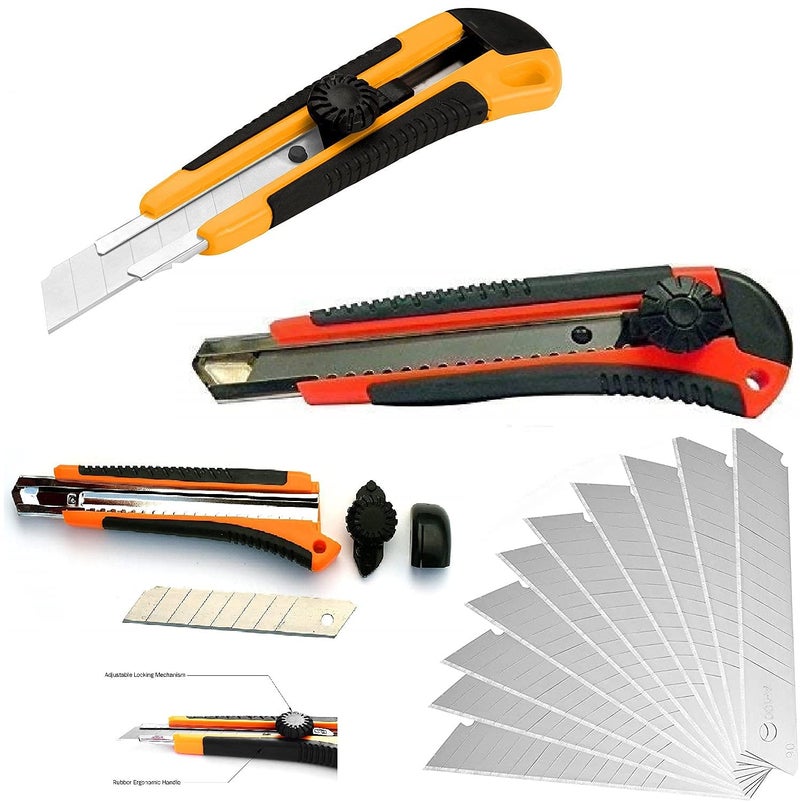 Dinojames Utility Multipurpose Cutter 18mm (Pack of 3pc) Metal Cutter With 10 Pcs. Repecement Blades Multipurpose Knife - Image 1