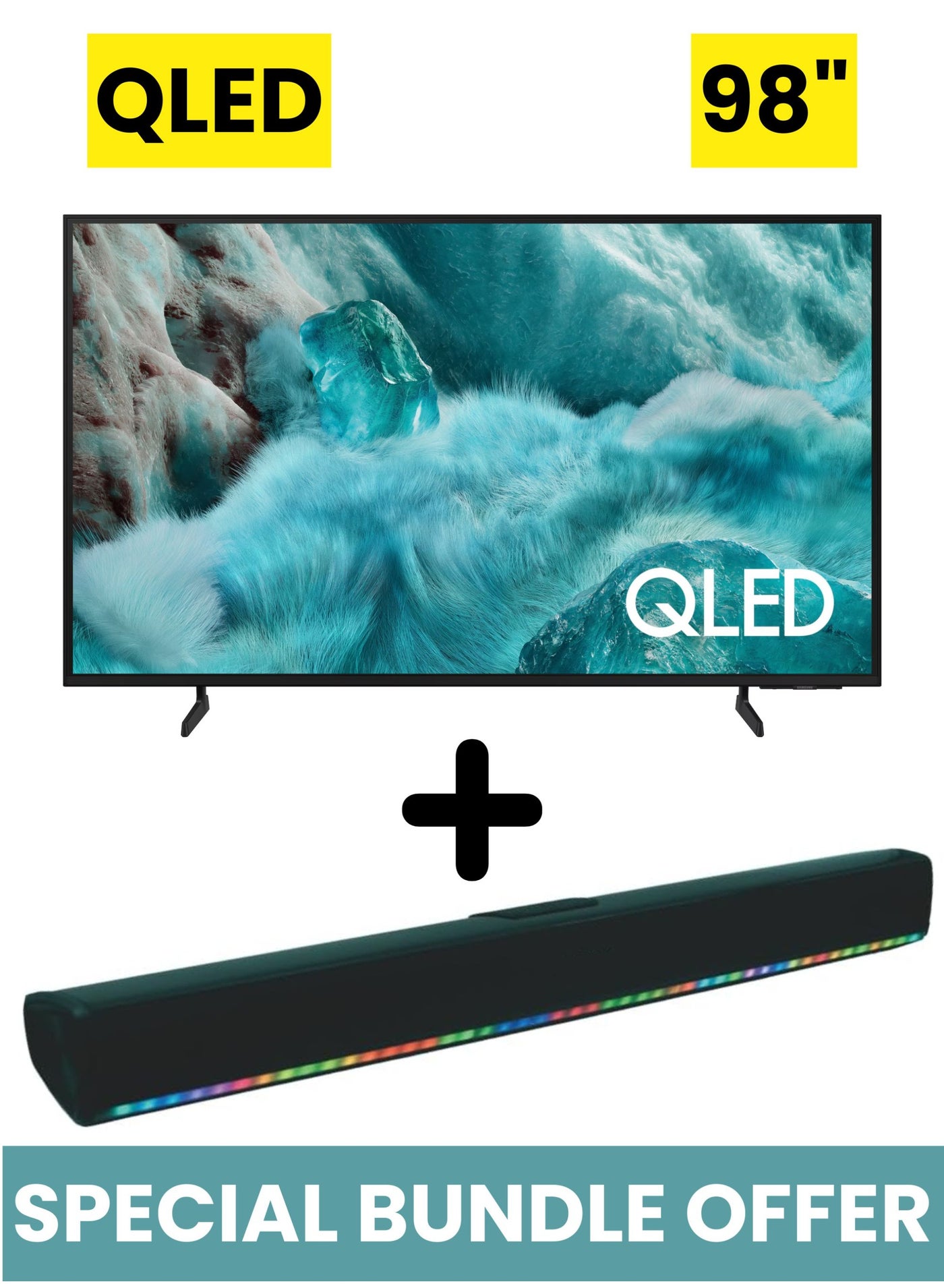 98 Inch QLED Q7F 4K Samsung Vision AI Smart TV (2025) +  2.0 Channel Portable Soundbar With Built In Battery & LED Lights | Tizen Smart TV QLED TV With Q4 AI Processor, 100% Color Volume, HDR10+, 4K AI Upscale, OTS Lite, Q-Symphony 98Q7F+SOUNDBAR Black