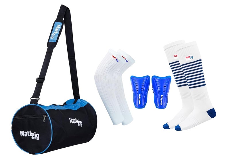 MATTZIG ® Club Football Kit (One Pair of Striped Lycra Socks + One Pair of Shin Guard + One Pair of Cotton Arm Sleeves + One Kit Bag) (White/Blue) - Image 1