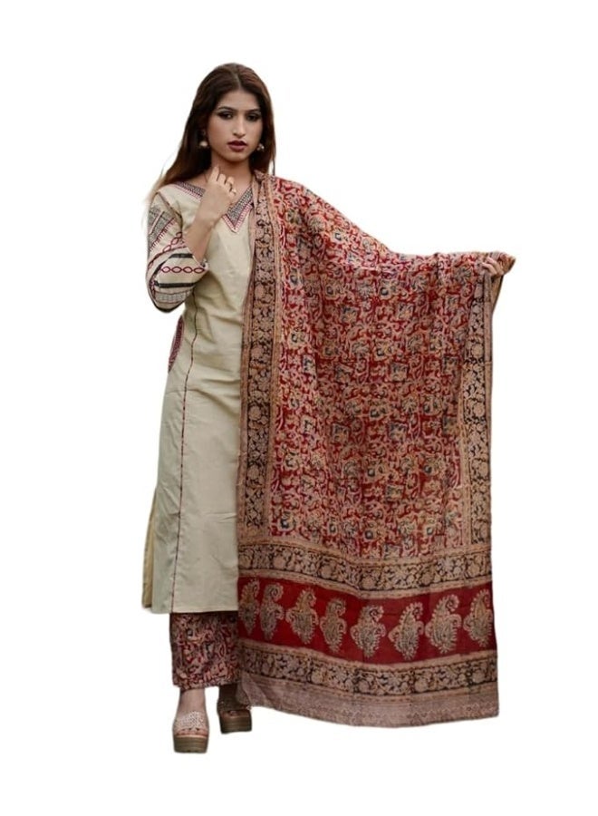 آني ديزاينر طقم كورتا مستقيمة نسائي بتصميم "ANNI" (رايون/فيسكوز) مع بنطال بالازو وشال (دوباتا) | فستان "كورتي" طويل وأنيق للمناسبات الاحتفالية والحفلات والأزياء التراثية | اللون: كريمي | المقاس: 2XL - Image 1