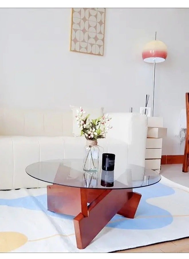 رافين 1-قطعة جولة طاولة القهوة الزجاج الأعلى غير النظامية الخشب قاعدة هندسية أريكة الجانب نهاية الجدول لغرفة المعيشة مكتب غرفة نوم 80x30 سم - Image 4