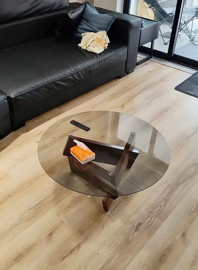 رافين 1-قطعة جولة طاولة القهوة الزجاج الأعلى غير النظامية الخشب قاعدة هندسية أريكة الجانب نهاية الجدول لغرفة المعيشة مكتب غرفة نوم 80x30 سم - Image 5