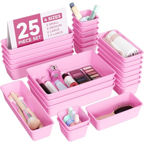 BiuLeon 25 PCS Plastic Drawer Organizers Set 4Sizes Vanity and Makeup Organizer Desk and bathroom Drawer Organizer Trays Organizers and Storage for Makeup Jewelry Gadgets UtensilsLight Purple - Image 1