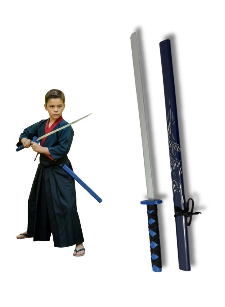 بريميم مجموعة سيوف كاتانا خشبية للأطفال بتصميم محارب ساموراي صغير - سيف تدريب خشبي بمقبض برتقالي وغمد للعب أدوار النينجا والساموراي، زي فنون قتالية للأطفال - Image 1