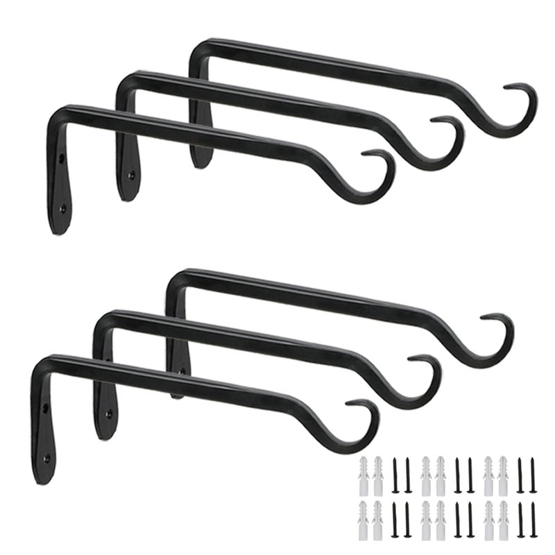 Worth Garden 6-Pack 7" Plant Hanger Bracket - Forged Wrought Iron Powder-Coated Heavy Duty Wall Hook - Black Hanging Hooks - Durable and Stable for Bird Feeders, Planters Indoor & Outdoor - Image 1