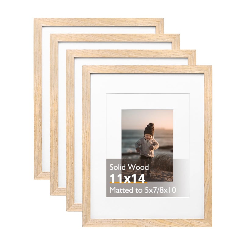 KINLINK 11x14 Picture Frame Natural Solid Wood Frames 14x11 with Acrylic Plexiglass for Pictures 5x78x10 with Mat or 11x14 without Mat Tabletop and Wall Display Photo Frame Set of 4