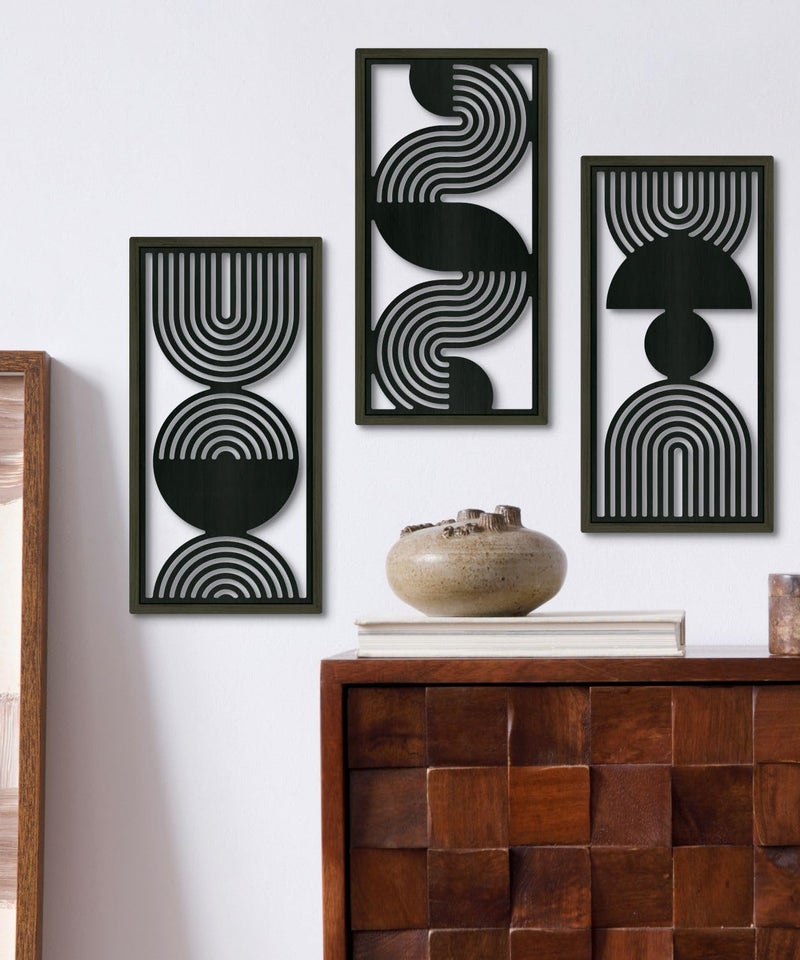 Putuo Decor Modern Minimalist Wall Art Set of 3, Black and Gray MDF Cut-Out Geometric Line Panels, Abstract Vertical Art for Living Room Bedroom Office Wall Decor - Image 5