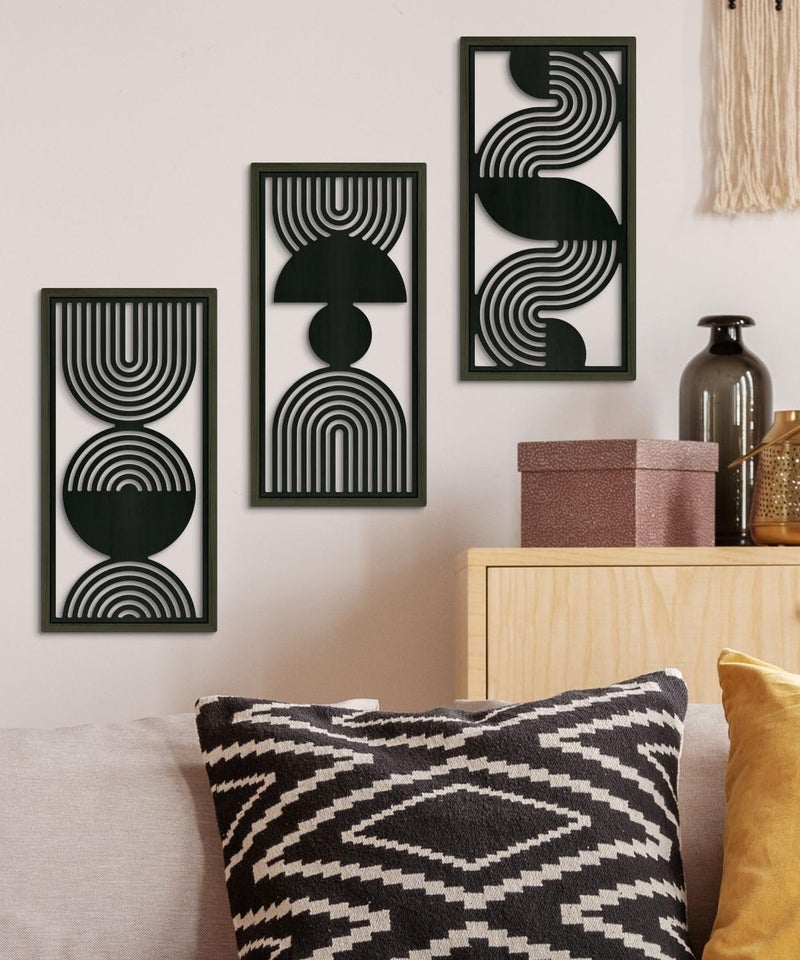 Putuo Decor Modern Minimalist Wall Art Set of 3, Black and Gray MDF Cut-Out Geometric Line Panels, Abstract Vertical Art for Living Room Bedroom Office Wall Decor - Image 4