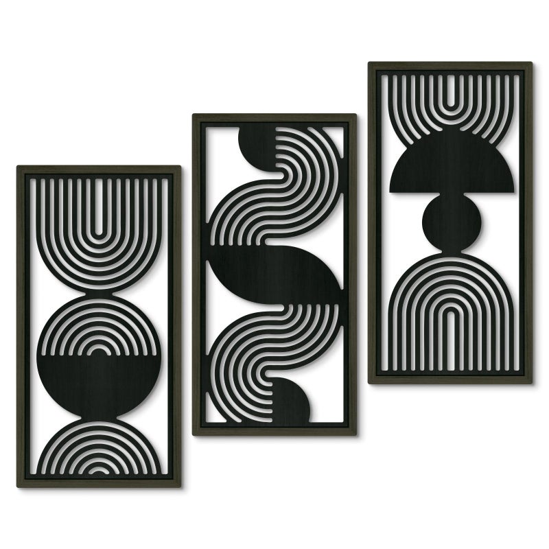 Putuo Decor Modern Minimalist Wall Art Set of 3, Black and Gray MDF Cut-Out Geometric Line Panels, Abstract Vertical Art for Living Room Bedroom Office Wall Decor - Image 1